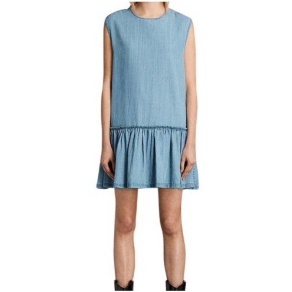 All Saints Polly Ruffle‎ Chambray Shift Dress Size Medium